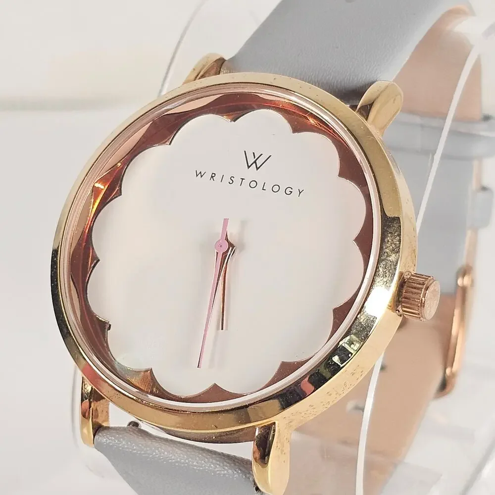 Wristology Women's Quartz Watch 38mm Gold Case Gray Leather Band, New Battery